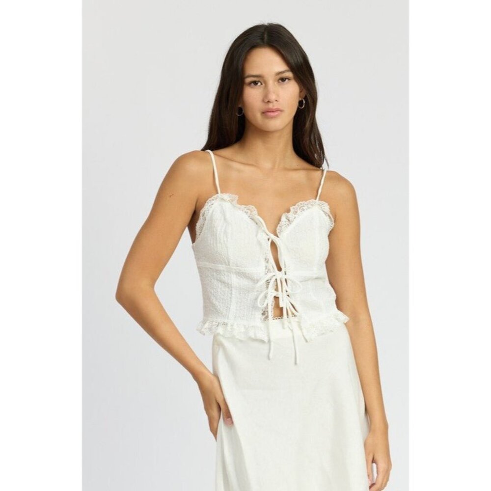 Kirious Los Angeles White Lace Trim Tie Front Boho Coquette Top Grunge Fairycore - Picture 2 of 12